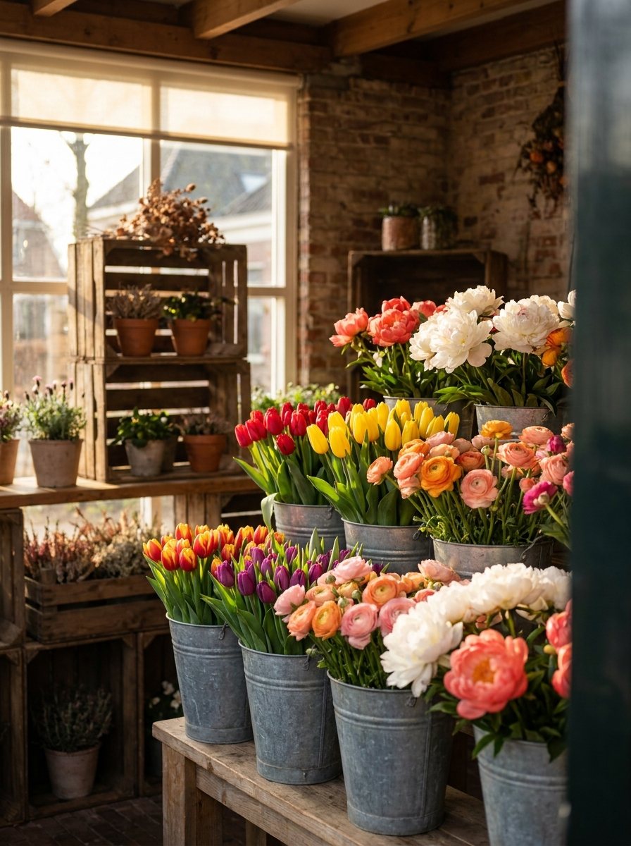 Zinken emmers vol verse tulpen, ranonkels en pioenrozen in een gezellige bloemenwinkel